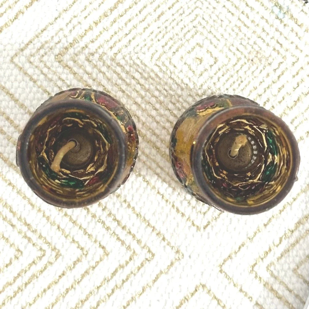 Vintage Amber Glass Enameled Miniature Oil Lamps Set of 2 Decorative Brass Wicks